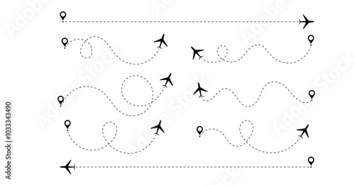 flight path of the aircraft from the point of location along the dotted line, Airplane line path vector travel line. plane travelling from start point to end point with dotted line