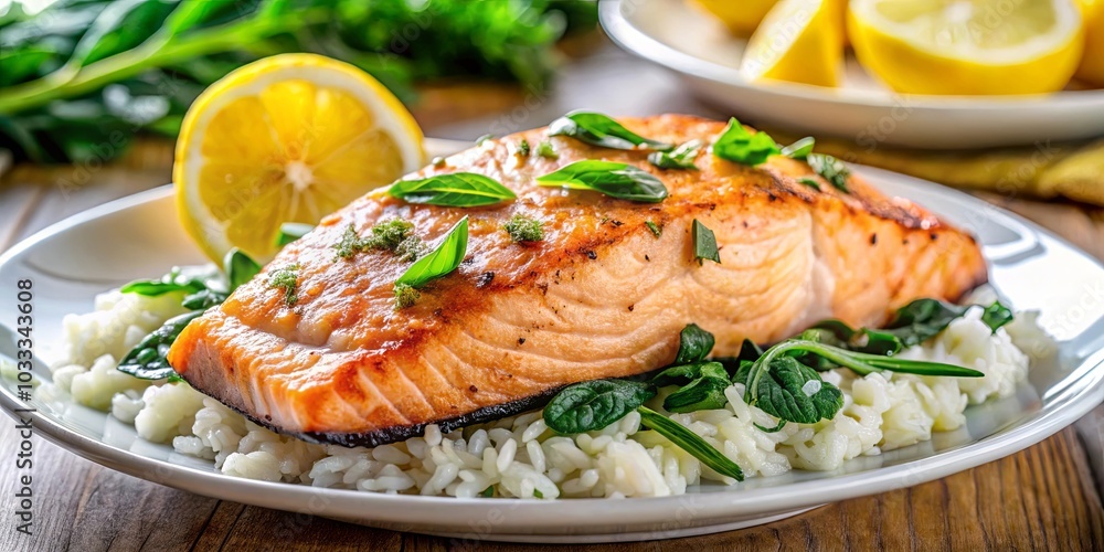 A Pan-Seared Salmon Fillet Served With Fluffy White Rice and Fresh Greens, Garnished With Lemon and Herbs A Pan-Seared Salmon Fillet Served With Fluffy White Rice and Fresh Greens, Garnished With Lemon and Herbs