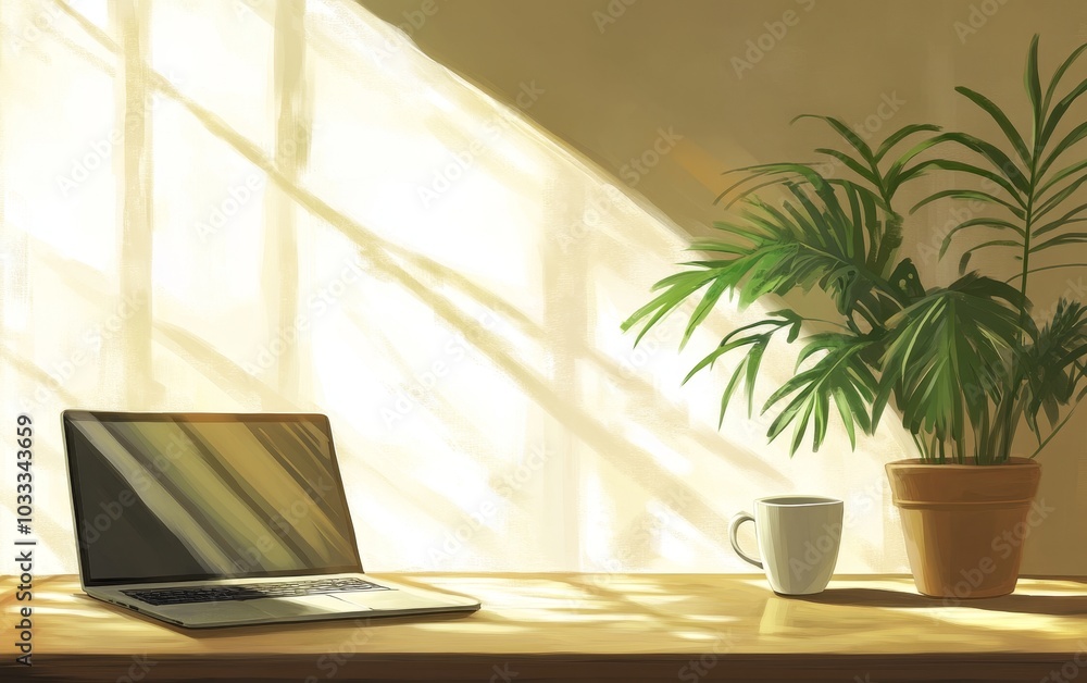 A serene workspace with a laptop, a coffee cup, and a potted plant, illuminated by natural light. A serene workspace with a laptop, a coffee cup, and a potted plant, illuminated by natural light.