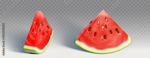 Isolated summer red watermelon slice vector icon. 3d realistic water melon drawing illustration design. Juicy and bright pink texture of tropical food. Sweet and ripe vitamin berry harvest graphic set