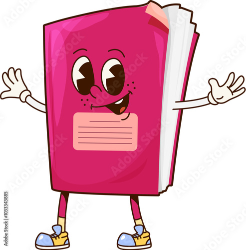 Groovy notebook school character. Student education textbook happy character, elementary school stationery or child study notebook or paper diary comical retro vector mascot, childish groovy personage
