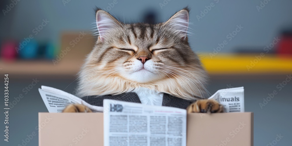 Cat in Suit Reading Newspaper  Funny Animal  Business Humor  Pet Office