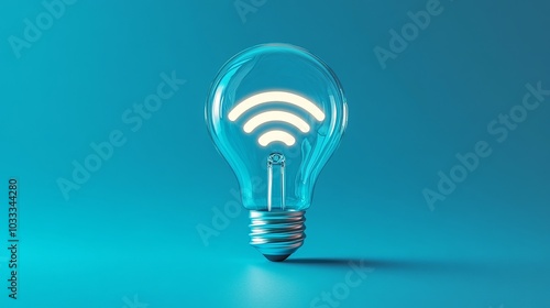 The bright white Wi Fi symbol is placed in the bulb, and the blue glass background reflects many lights and shadows, demonstrating the concept of technology and Internet connection.