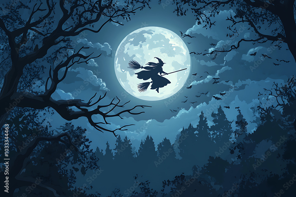 A silhouetted witch flying on a broomstick against a full moon in a dark, eerie forest. A silhouetted witch flying on a broomstick against a full moon in a dark, eerie forest.