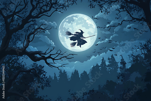 A silhouetted witch flying on a broomstick against a full moon in a dark, eerie forest.