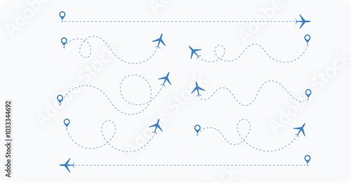 Airplane line path, Path travel dotted line trip dashed trace destination track plan and silhouette, travelling symbol vector illustration