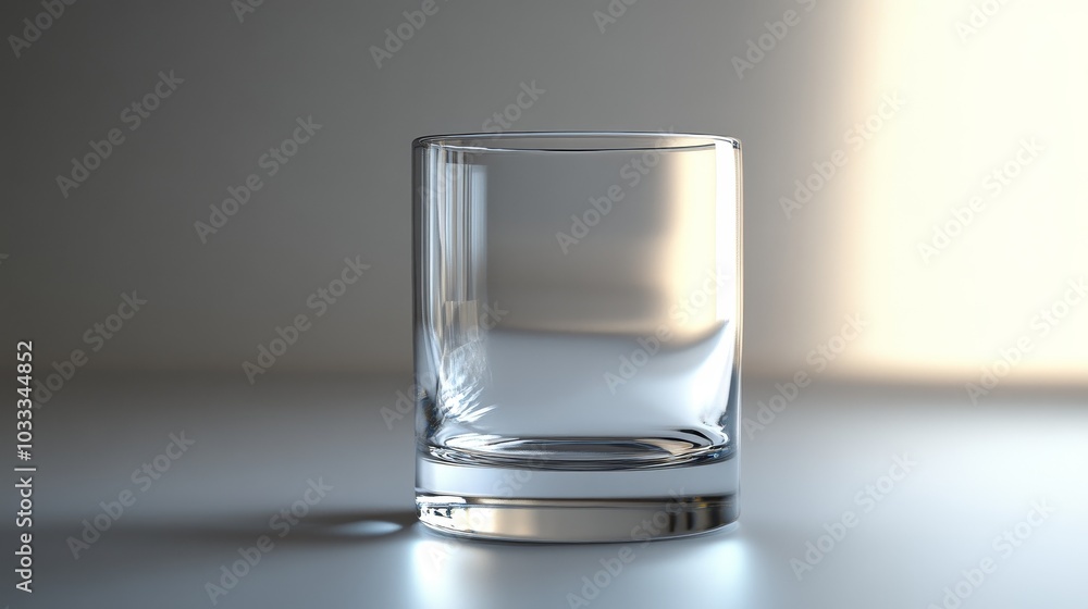 Minimalist Cinematic Shot of an Empty Drinking Glass on a Plain Table, Side View, Highlighting Clean Lines, Simple Design, and Elegant Transparency in a Soft, Natural Light Setting. Minimalist Cinematic Shot of an Empty Drinking Glass on a Plain Table, Side View, Highlighting Clean Lines, Simple Design, and Elegant Transparency in a Soft, Natural Light Setting.