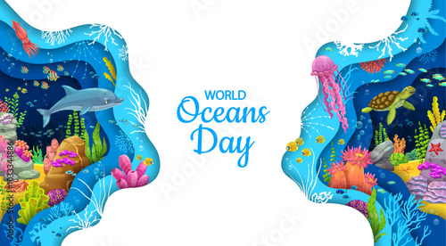 World oceans day, paper cut underwater landscape with sea fishes and ocean animals, vector background. World ocean day banner for sea ecology or ocean environment with cartoon funny dolphin and turtle