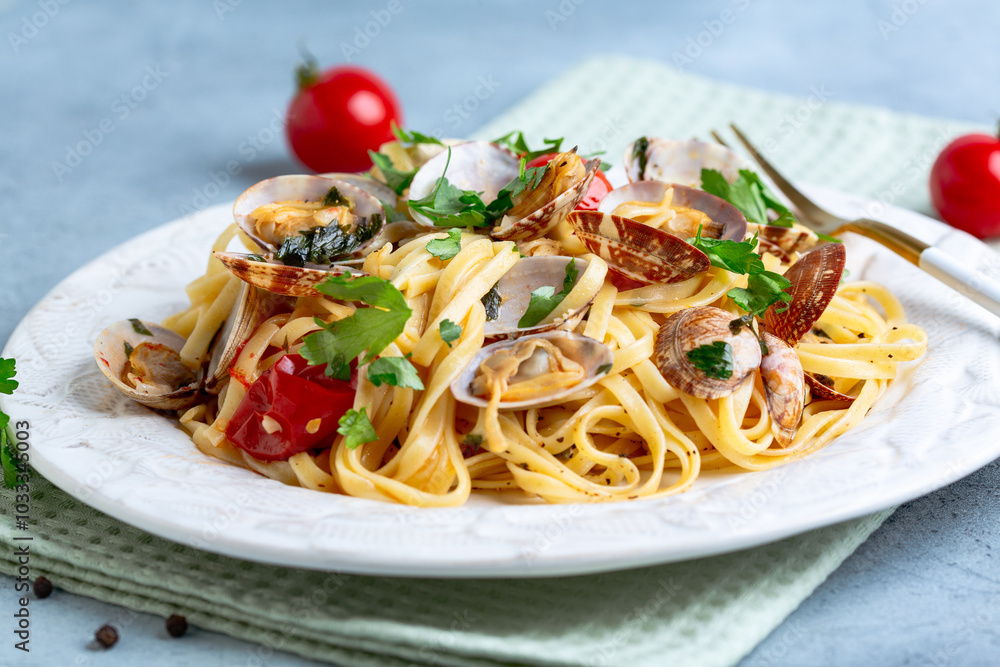 Linguine pasta with vongole and cherry tomatoes. Linguine pasta with vongole and cherry tomatoes.