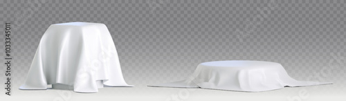 Silk white cloth cover on podium. 3d realistic box with fabric reveal scene. Satin textile on table or pillar to unveil cube pedestal mockup. Elegant draped presentation with product display