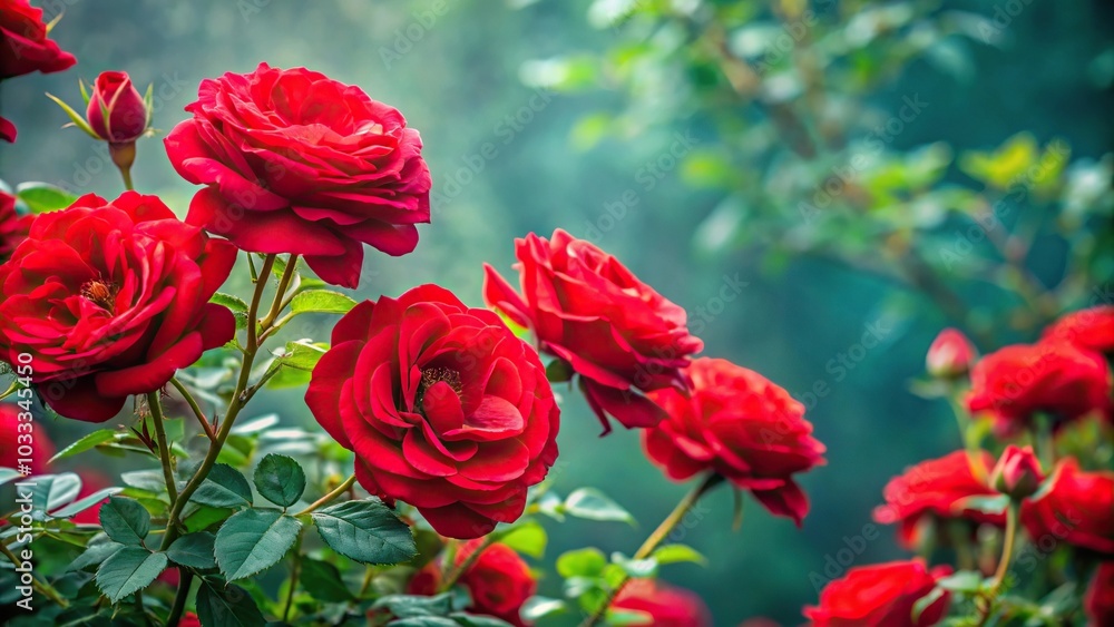 Bright red rose garden bush on gray green background of toned discolored foliage Worm's Eye View Bright red rose garden bush on gray green background of toned discolored foliage Worm's Eye View