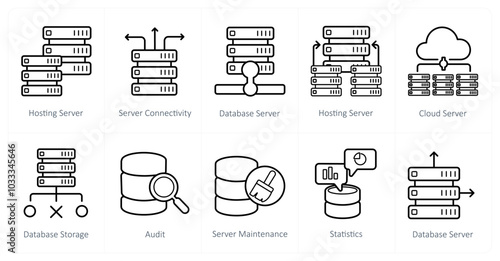 A set of 10 Big Data icons as hosting server, server connectivity, hosting server