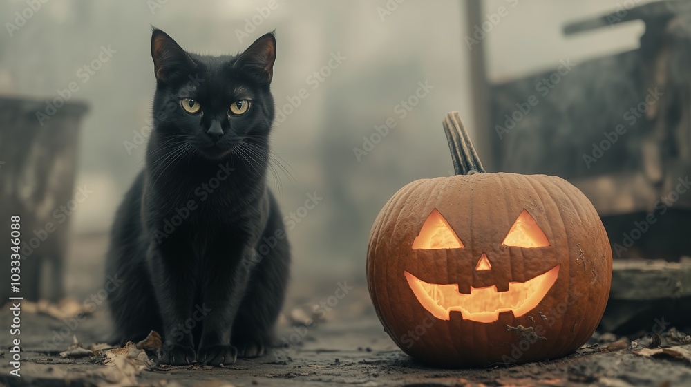 Black Cat and Jack-O'-Lantern in Foggy Setting Black Cat and Jack-O'-Lantern in Foggy Setting