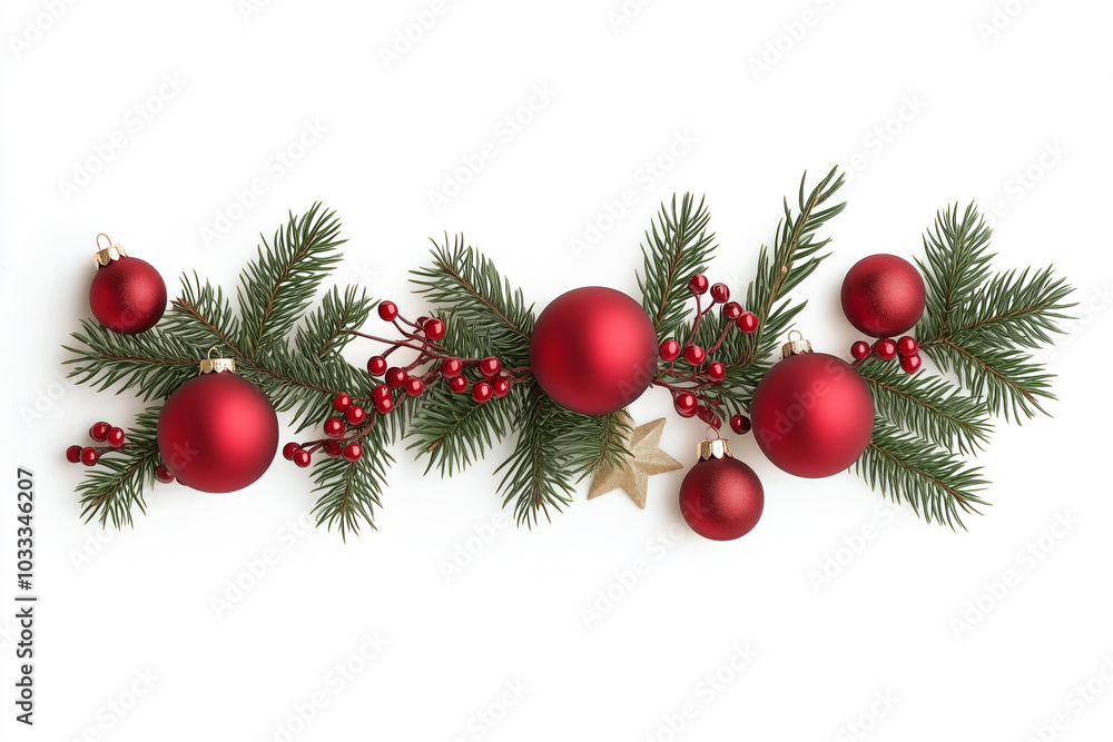 Red and white ornaments and berries on green branches, isolated on white background, festive Christmas spirit Red and white ornaments and berries on green branches, isolated on white background, festive Christmas spirit