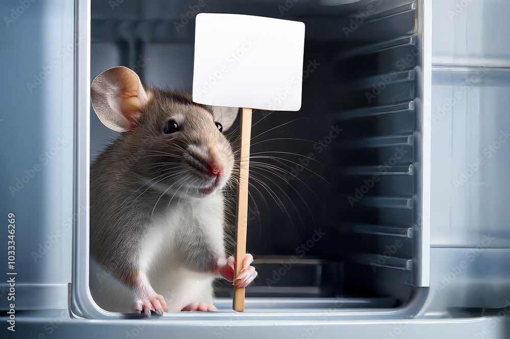 Maus schaut mit Schild aus dem Kühlschrank