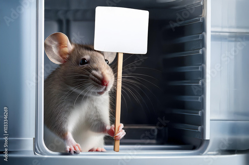 Obraz na płótnie Maus schaut mit Schild aus dem Kühlschrank w salonie