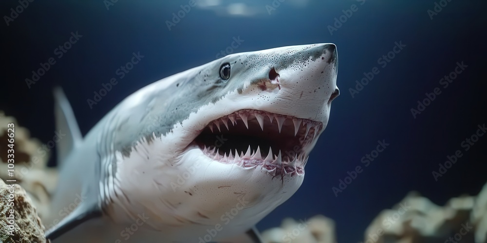 Naklejka premium Great White Shark Close Up Underwater Jaws Open Ocean Predator