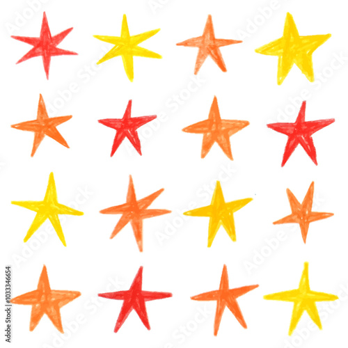 Collection of different yellow and orange stars. Doodle drawing by hand with colored pencils. Drawings with crayon. Cute children's drawings. 