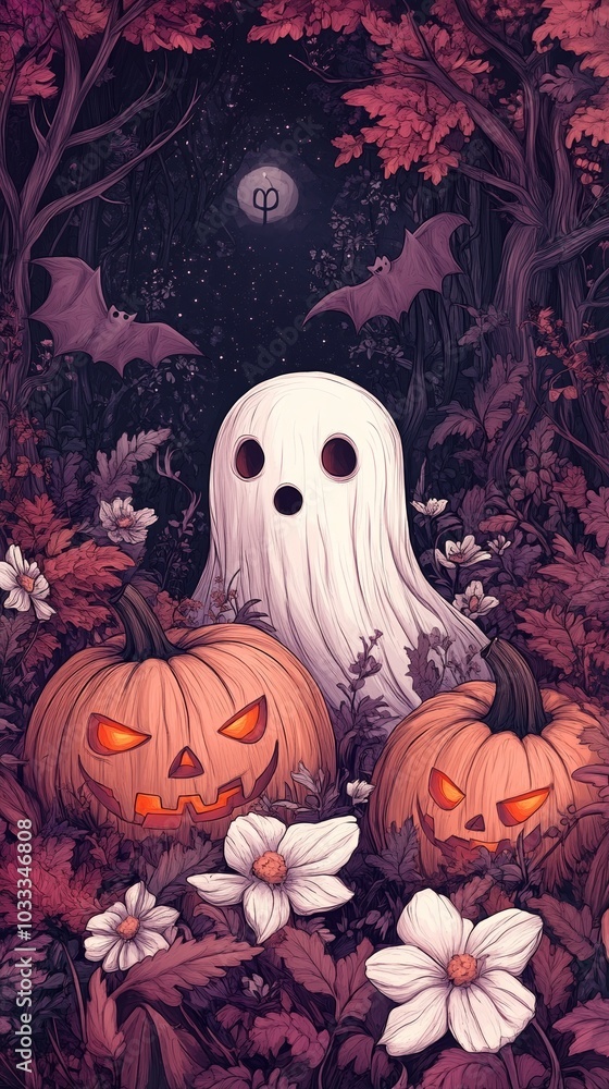Adorable Cartoon Ghosts, Pumpkins, and Bats with White Flowers and Pink Vibes. Fun and Whimsical Halloween-Inspired Illustration in a Playful, Soft Color Palette. Adorable Cartoon Ghosts, Pumpkins, and Bats with White Flowers and Pink Vibes. Fun and Whimsical Halloween-Inspired Illustration in a Playful, Soft Color Palette.