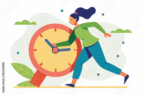 Time management concept with girl adjusting clock hands for scheduling and planning