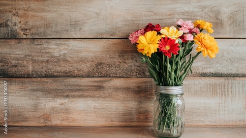 Rustic vintage style bouquet in a mason jar, perfect for adding your own text at the top.