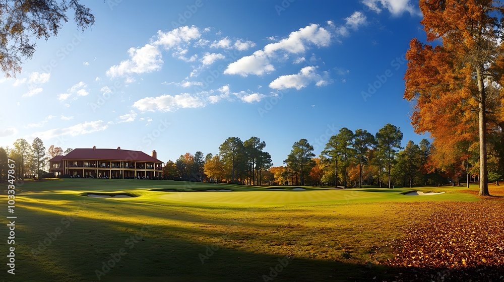 Obraz premium A wide shot of the iconic golf ground in the pine forestin autumn, overlooking the green and sand-colored fairway with beautiful trees and a blue sky in the background