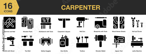 Carpenter solid icon set. Includes workbench, wooden plank, mallet, wood veneer, and More. Solid icons vector collection.