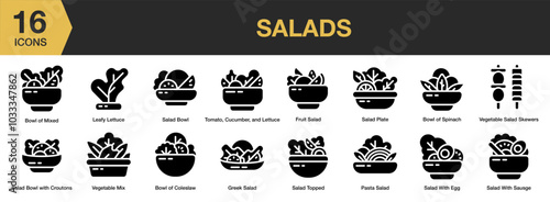 Salads solid icon set. Includes vegetable mix, sausage, tomato, cucumber, egg, topped, pasta, and More. Solid icons vector collection.