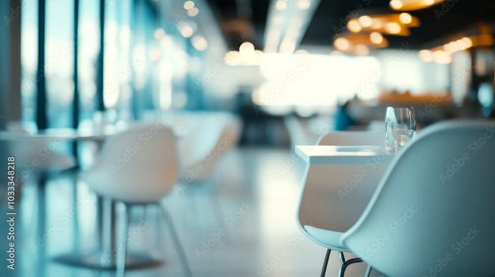 A modern restaurant interior with white chairs and tables, a blurred background and bright lighting. A modern restaurant interior with white chairs and tables, a blurred background and bright lighting.