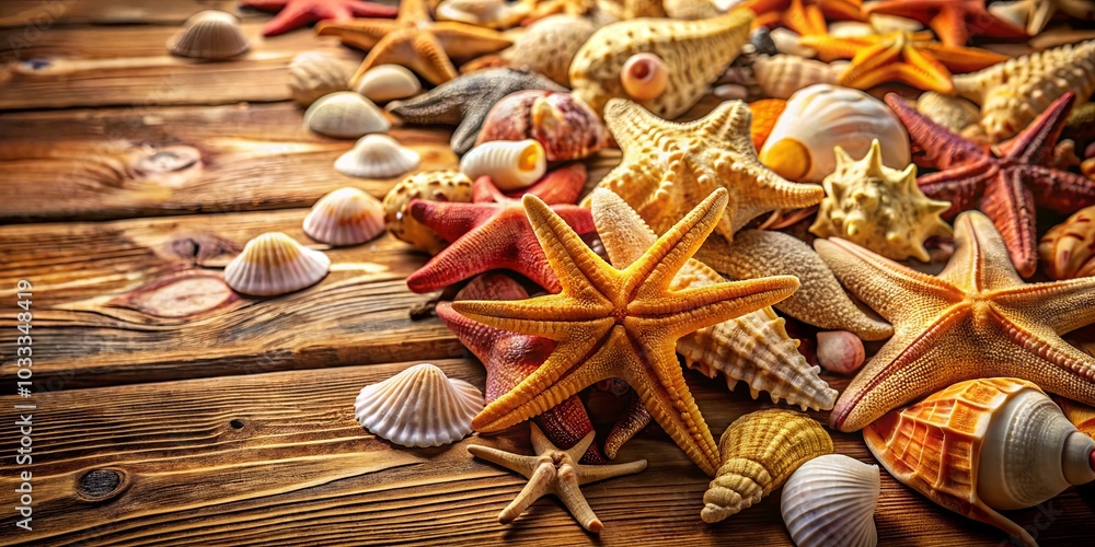 A collection of diverse seashells and starfish, meticulously arranged on a weathered wooden surface, evokes the essence of a coastal retreat. A collection of diverse seashells and starfish, meticulously arranged on a weathered wooden surface, evokes the essence of a coastal retreat.