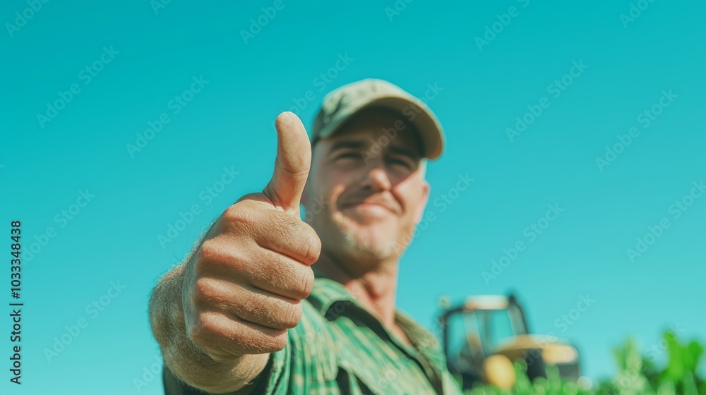 Proud Farmer Thriving in Lush Field with Crops and Equipment, Thumbs Up Gesture Under Blue Sky - Ultra-Detailed Agriculture Scene Proud Farmer Thriving in Lush Field with Crops and Equipment, Thumbs Up Gesture Under Blue Sky - Ultra-Detailed Agriculture Scene