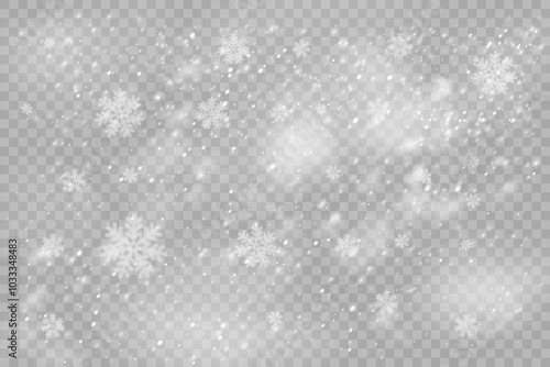 Christmas snowflakes on a transparent background. Snow flakes, snow background. Heavy snowfall, snowflakes in different shapes and forms.