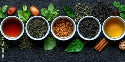 Assortment of Tea Types in White Cups with Tea Leaves and Mint Tea Tasting Concept