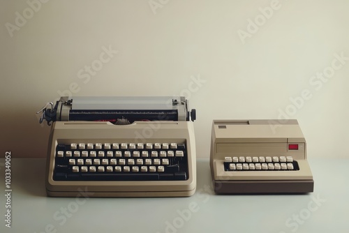 A vintage typewriter sits next to a modern word processor, a representation of the evolution of technology.