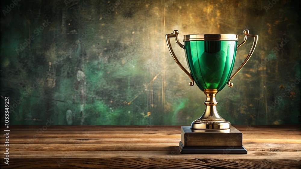 A Golden Trophy with a Green Bowl Rests on a Wooden Table, Against a Blurred Green and Gold Background A Golden Trophy with a Green Bowl Rests on a Wooden Table, Against a Blurred Green and Gold Background