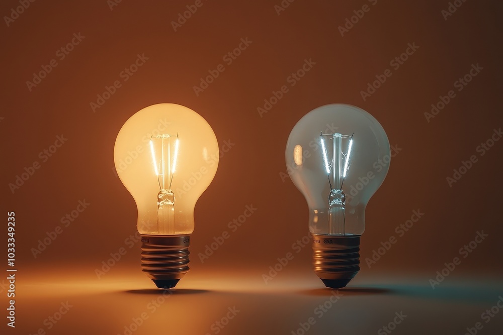 Two light bulbs, one glowing warm and the other cool, on a brown background. Two light bulbs, one glowing warm and the other cool, on a brown background.