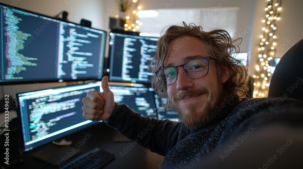 Enthusiastic Software Engineer at Cutting-Edge Workstation with Multiple Screens Showing Exciting Projects and Code Enthusiastic Software Engineer at Cutting-Edge Workstation with Multiple Screens Showing Exciting Projects and Code