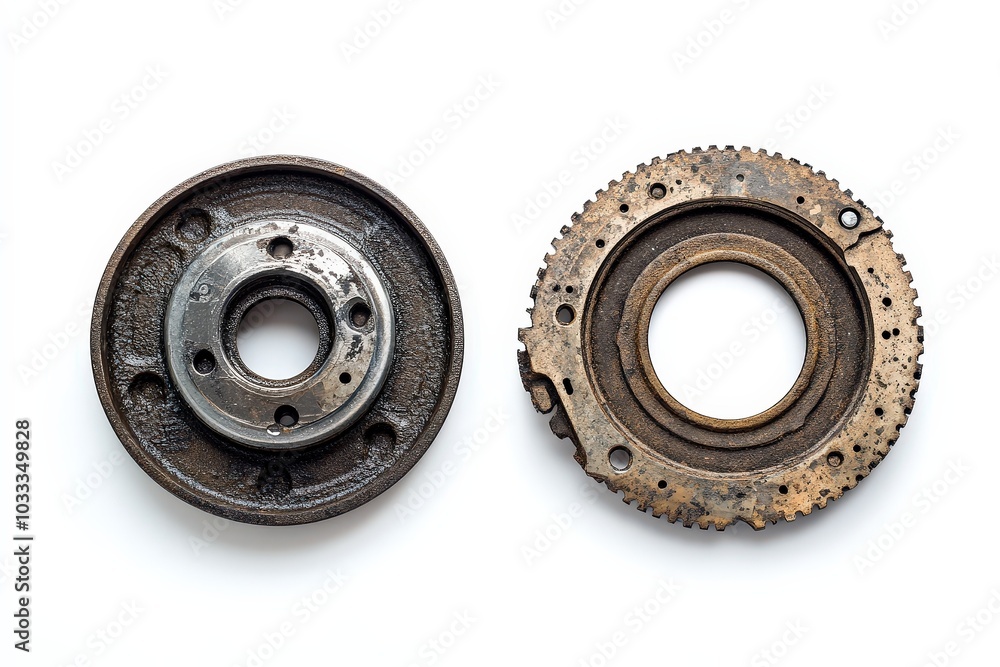 Two old, rusty metal parts on a white background. Two old, rusty metal parts on a white background.