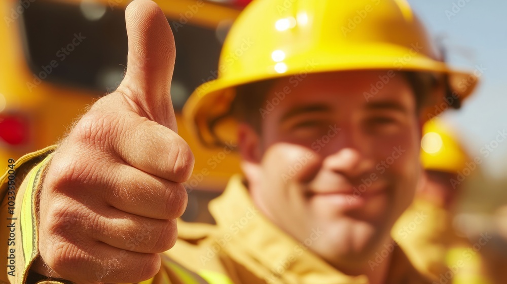 Proud Firefighter Thumbs Up in Front of Fire Truck with Emergency Equipment and Colleagues in Background Proud Firefighter Thumbs Up in Front of Fire Truck with Emergency Equipment and Colleagues in Background