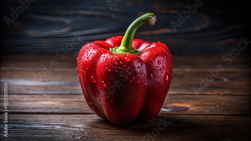 A glistening red bell pepper, with water droplets adorning its skin, sits upon a rustic wooden surface, a vibrant contrast against the dark background.