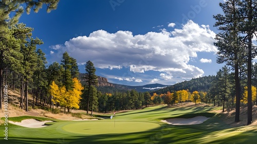 A wide shot of the iconic golf ground in the pine forestin autumn, overlooking the green and sand-colored fairway with beautiful trees and a blue sky in the background photo