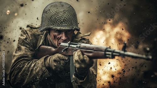 Cinematic of World War II soldiers. Military operation and War Concept. Generative Ai. photo