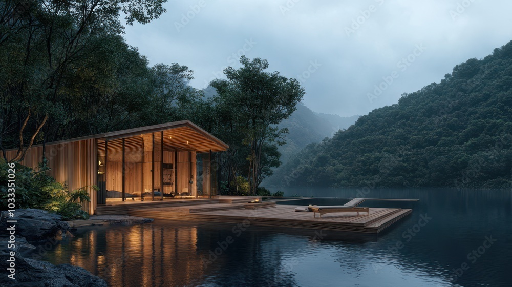 Obraz premium Modern Wooden Cabin with Infinity Pool on Lake in Lush Forest