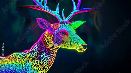 Neon Deer: A vibrant and abstract deer with rainbow wireframe antlers, set against a dark, blurry background. Its ethereal glow and unique style create an eye-catching image. 