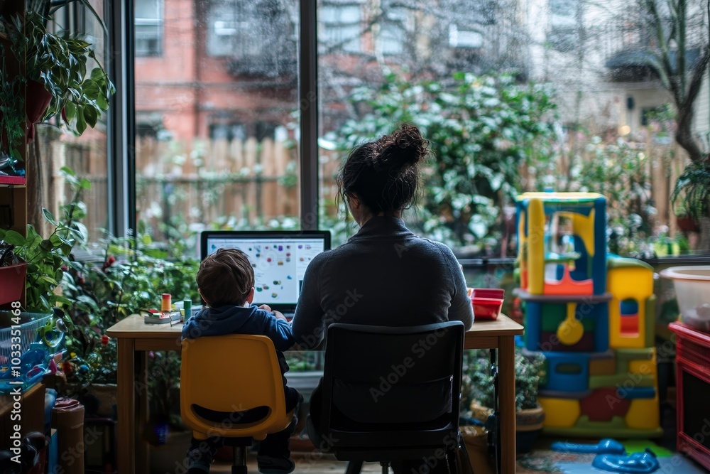 Single mother working in her son's play area, Generative AI Single mother working in her son's play area, Generative AI