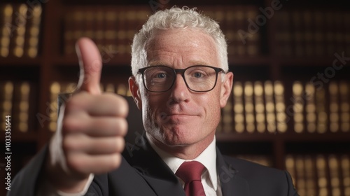 Successful Lawyer at Work: Confident Legal Professional Giving Thumbs Up in Law Office with Books and Files on Desk