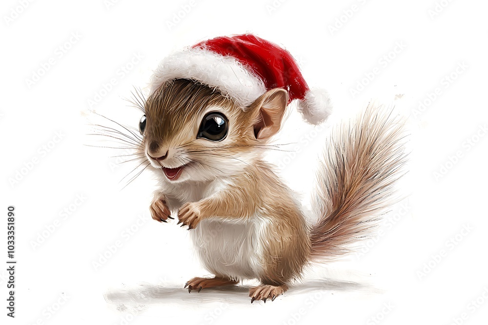 Cute Squirrel Wearing A Red Santa Hat, Adorable Christmas Animal, Winter Holiday Animal Cute Squirrel Wearing A Red Santa Hat, Adorable Christmas Animal, Winter Holiday Animal