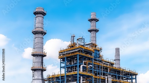 Industrial Refinery Plant with Chimneys Against Blue Sky