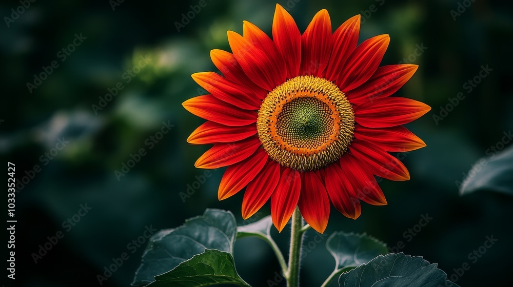 A vibrant sunflower with red and orange petals against a dark background, showcasing natural beauty. A vibrant sunflower with red and orange petals against a dark background, showcasing natural beauty.