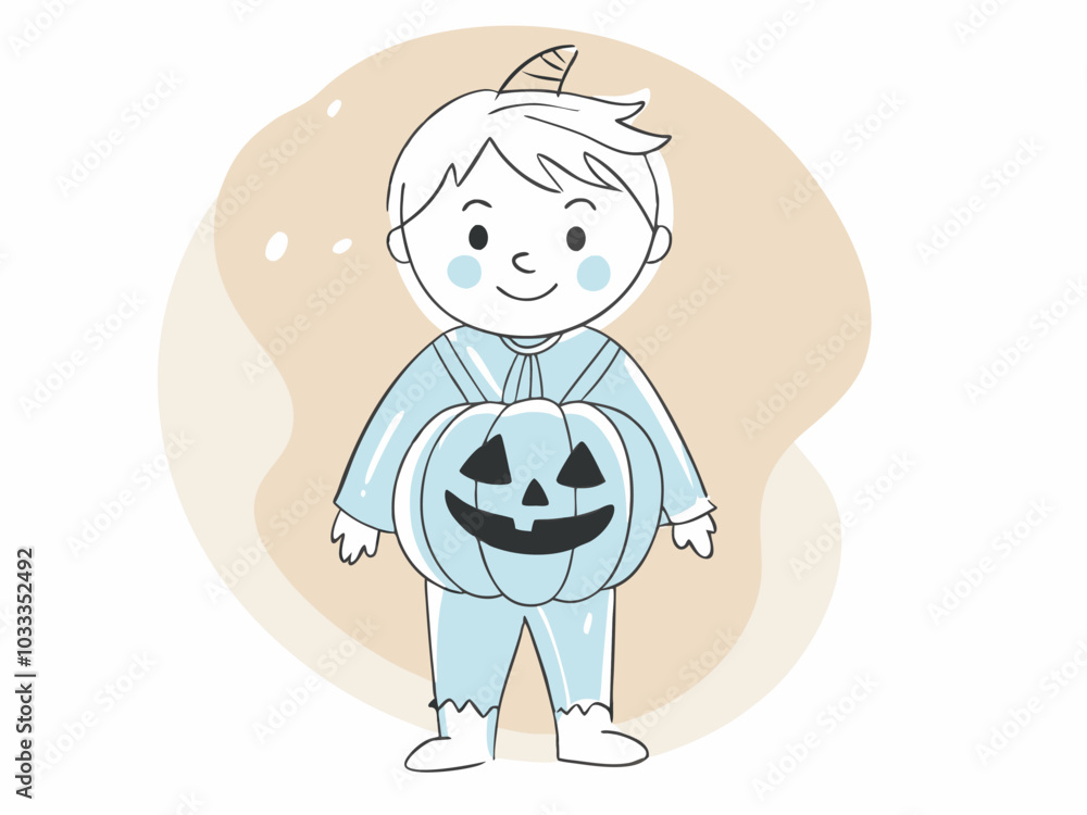 Boy in pumpkin autumn costume for Halloween holiday. Vector illustration Boy in pumpkin autumn costume for Halloween holiday. Vector illustration